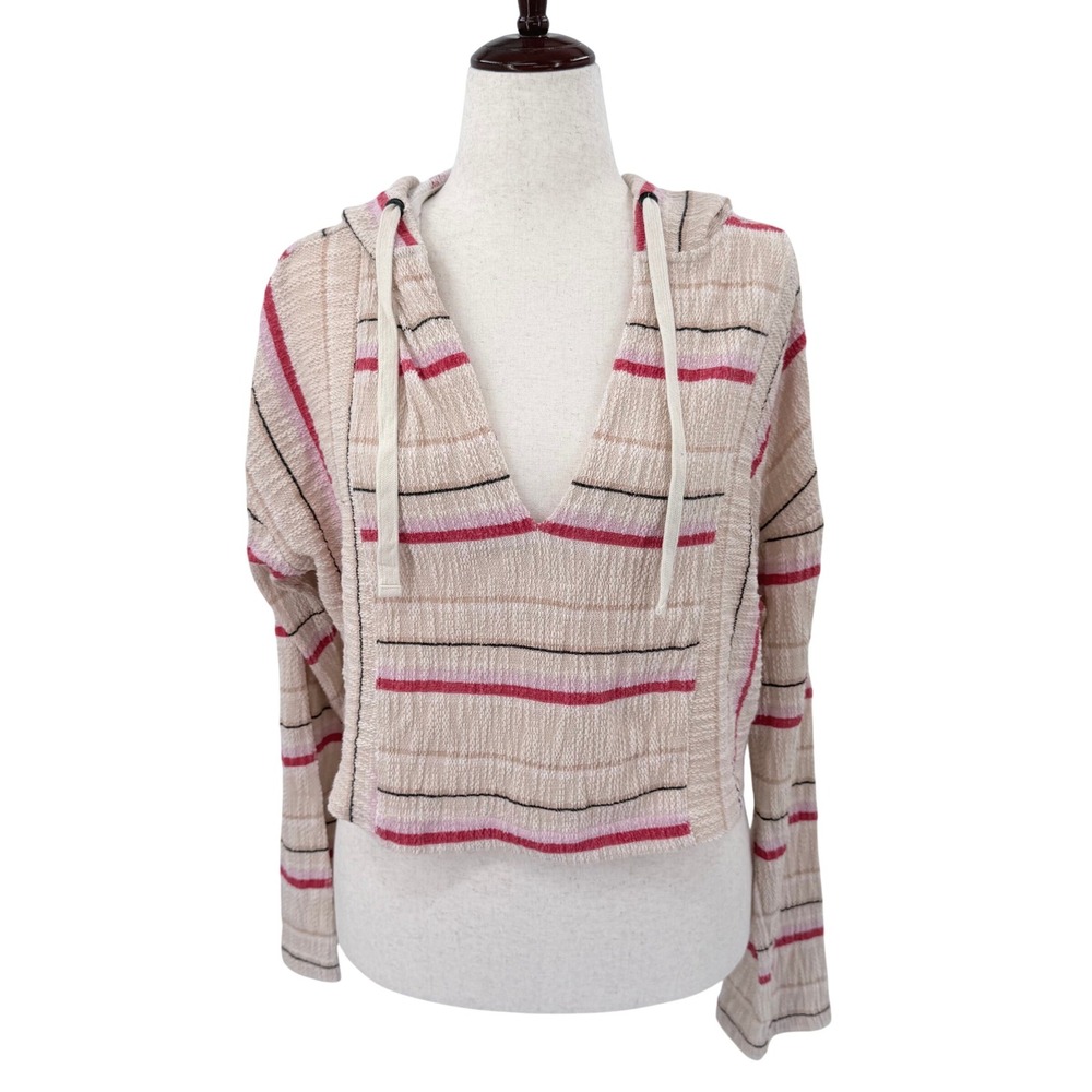 Roxy Womens Striped Cropped‎ Hoodie Cream Pink V-Neck Beach Knit Sweater Medium